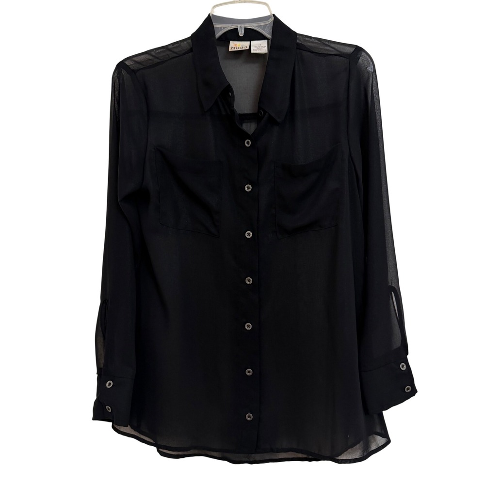 Y2K Mudd Women's Black Sheer Button-Down Blouse Long Sleeve High‎ Low Top M EUC